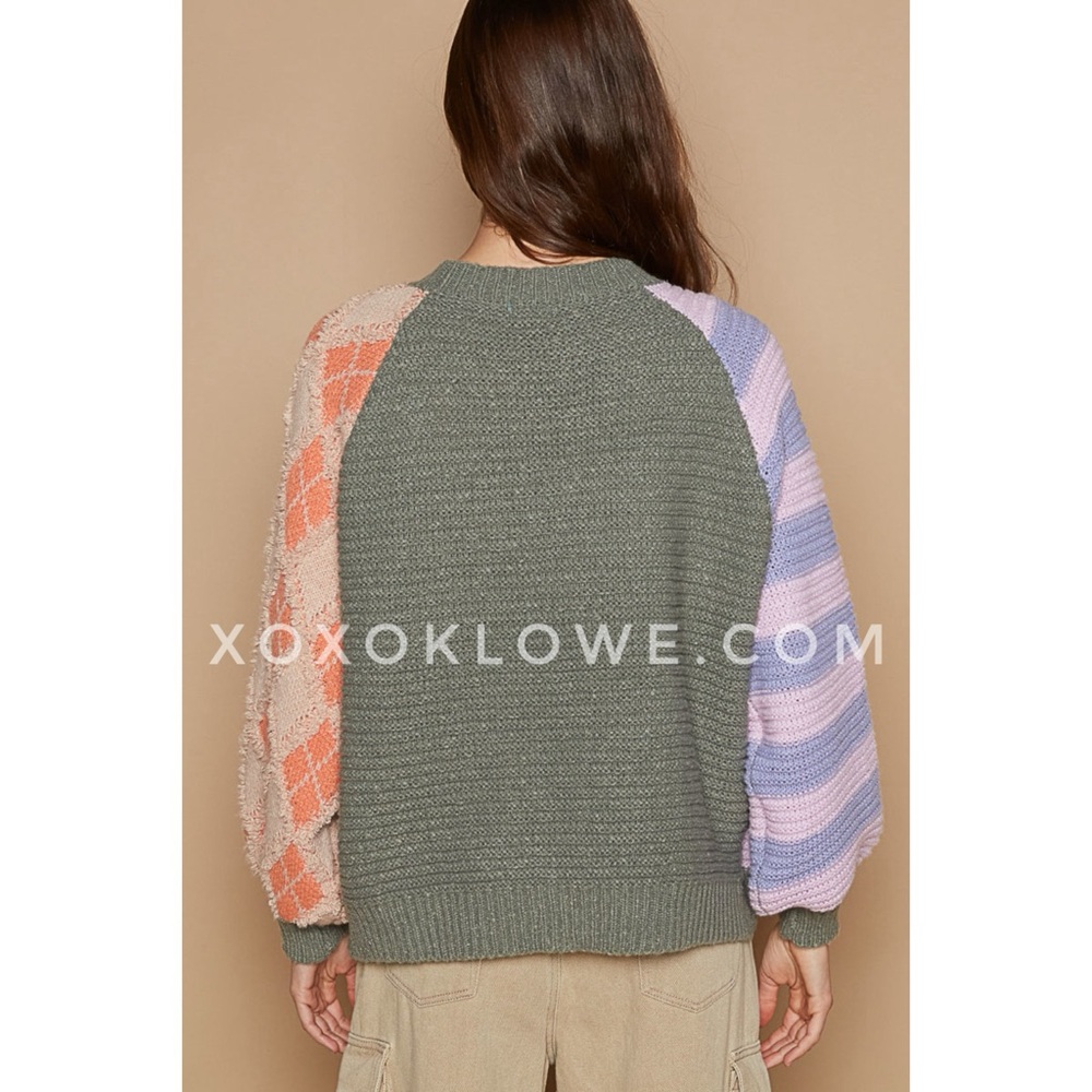 POL Olive Pink Stripped Balloon Sleeve Sweater Relaxed Fit - Picture 11 of 13